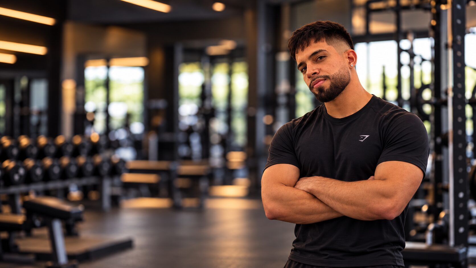 Pedro Souza, personal trainer em Mossoró, de braços cruzados em uma academia